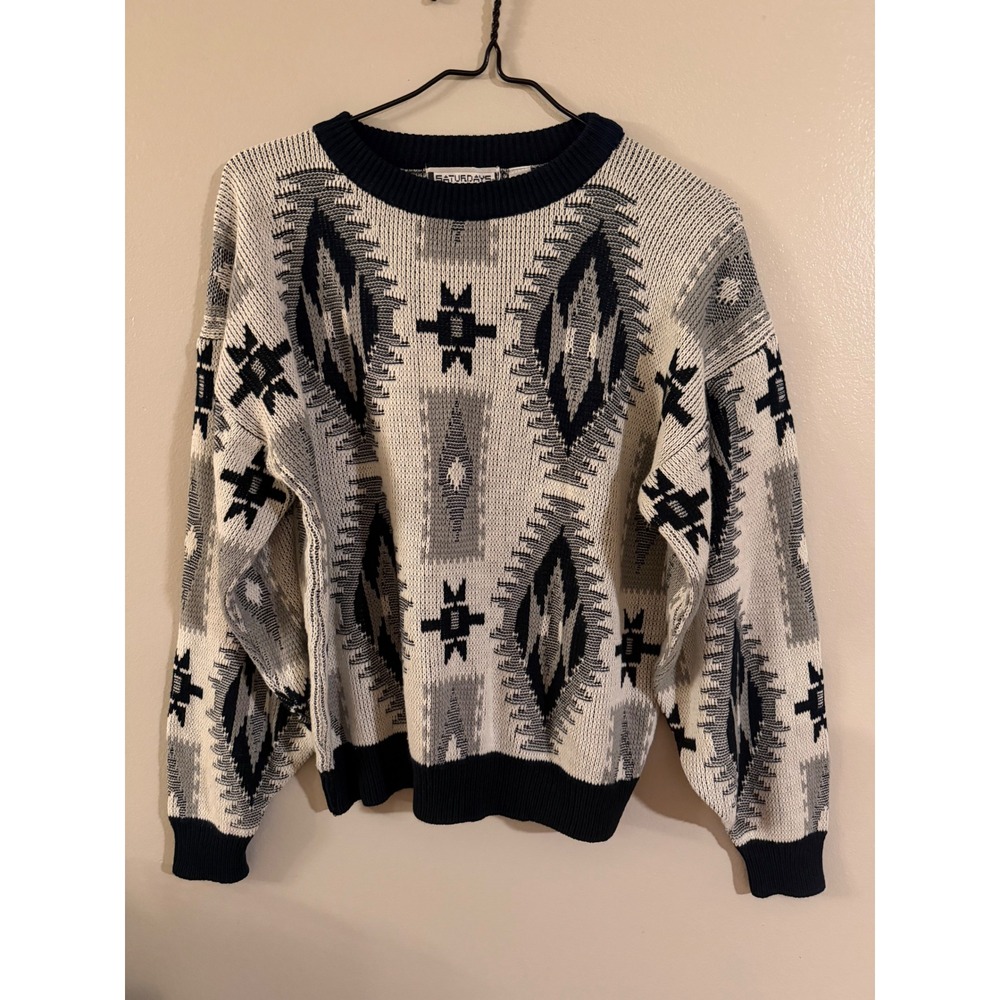 Saturdays Mens XL Southwestern Geometric Intarsia Knit‎ Crewneck Sweater Vintage